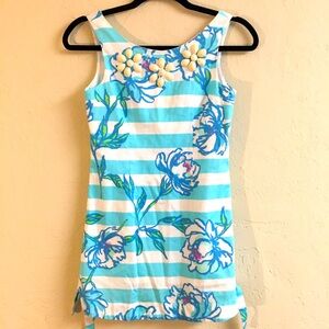 Lilly Pulitzer Floral Dress 100% Cotton Size 12 Sleeveless Beaded Blue S…
